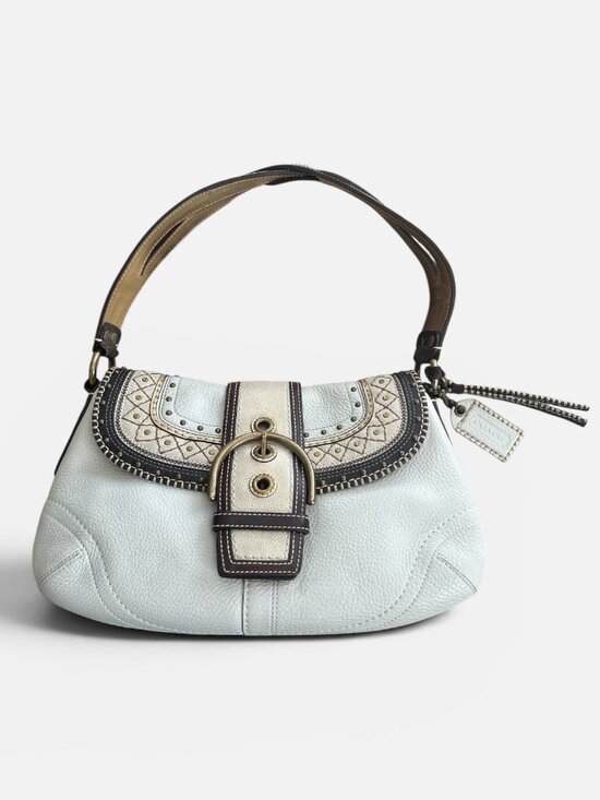 Coach Handbags - VTG Coach Soho Leather Y2K Studded Stitched Shoulder Flap Bag Chalk 10479